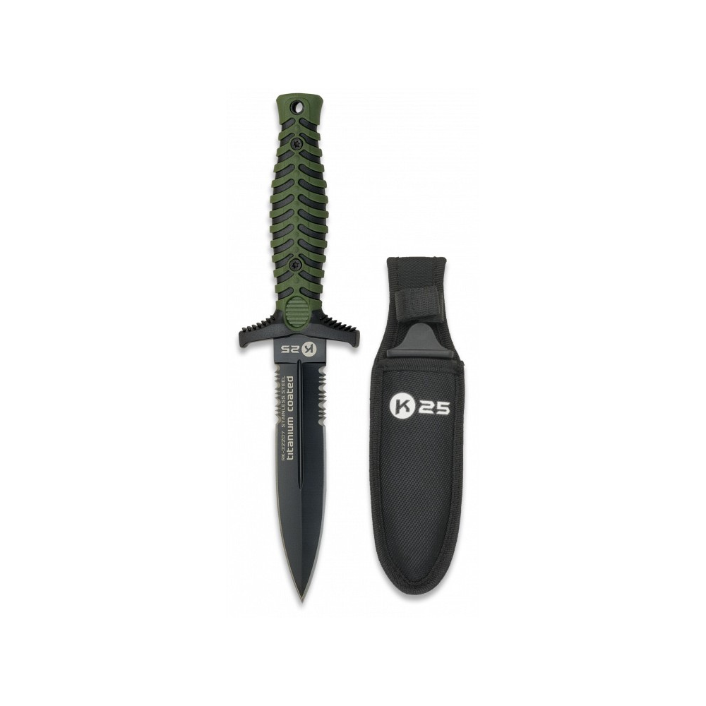 Robuste couteau de botte K25 à revêtement titane vert, avec lame en acier 7Cr17Mov et manche ergonomique en caoutchouc