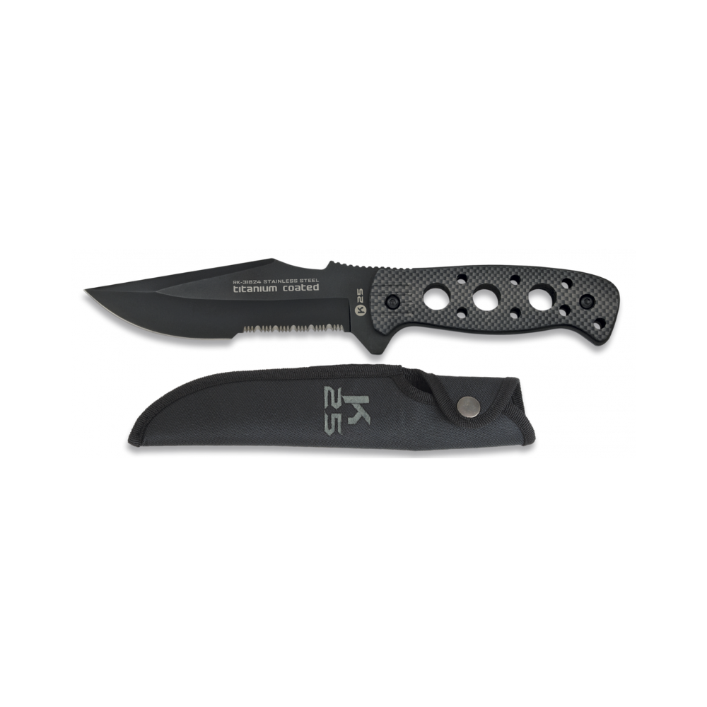 Robuste couteau tactique K25 titane 31824 avec lame fixe en acier inoxydable, manche en aluminium et étui en nylon