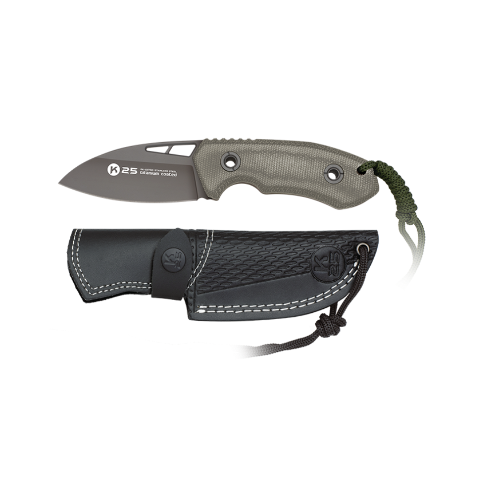 Couteau Mikarta K25 avec lame de 8cm, manche vert, étui en cuir et cordon vert