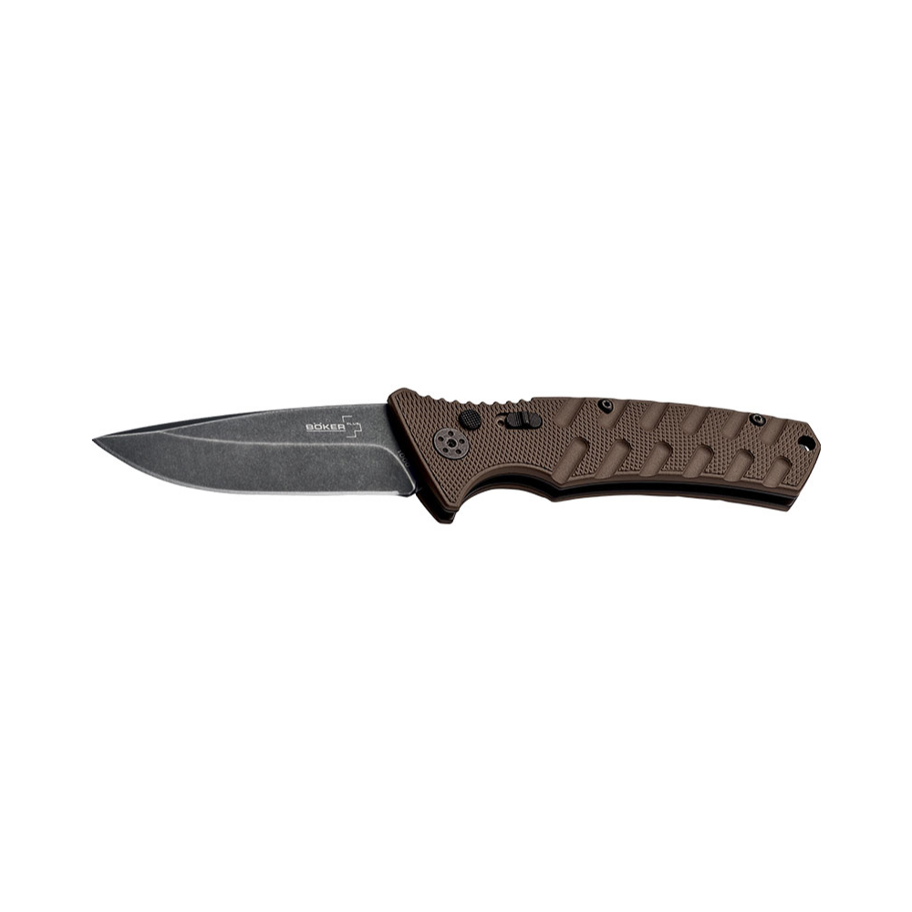 Un couteau pliant automatique Boker Plus Strike Spearpoint Coyote, léger et facile à transporter avec un design minimaliste