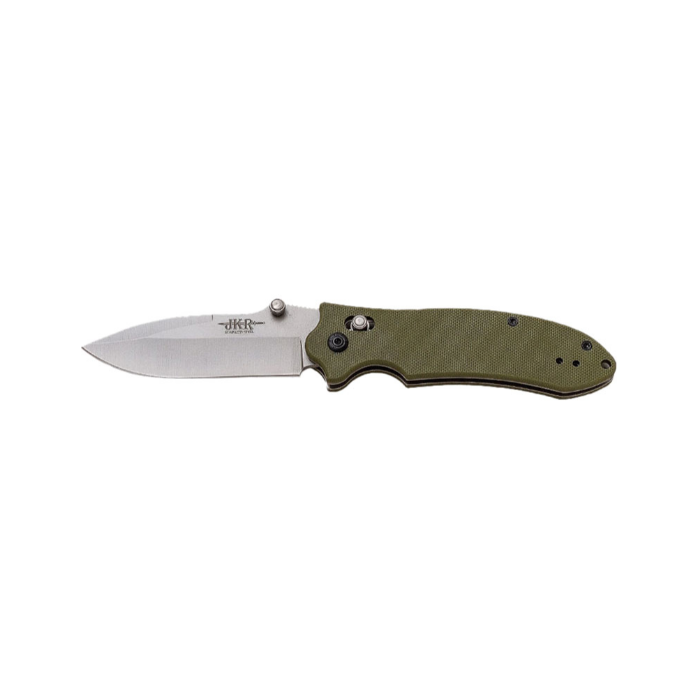 Alt tag : Couteau pliant G10 vert JKR0727 pour camping et activités de plein air
