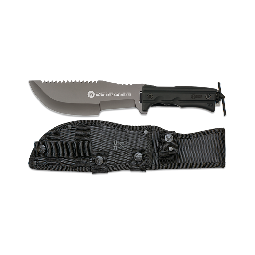Poignard noir K-25 Cuchillo 32694 avec lame de 19,4 cm, poignée ergonomique de 13,5 cm et scie intégrée, idéal pour les missions tactiques et