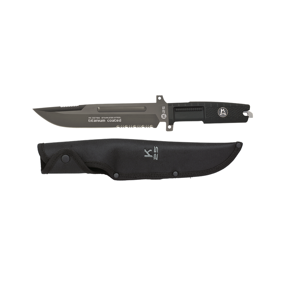 K25 32755 Couteau tactique noir avec poignée en caoutchouc et lame en acier 7Cr17Mov de 20 cm, épaisseur de 5 mm, poids de 330