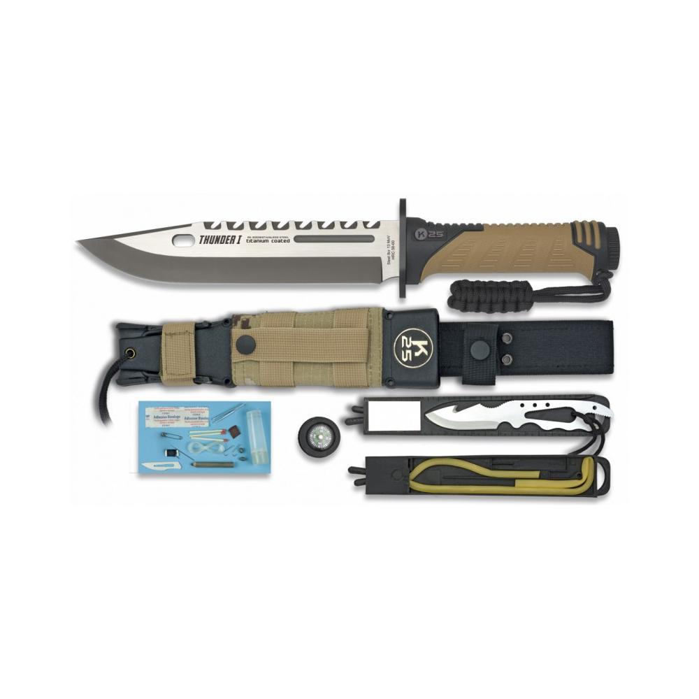 Couteau tactique THUNDER-I K25, lame en acier inox de 20 cm, manche en caoutchouc et ABS, avec étui et kit de survie, couleur camo sable