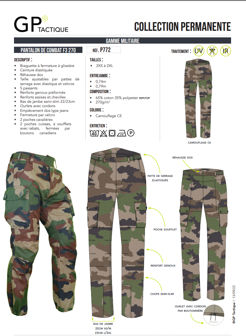 Pantalon tactique F3 P772 pour l'hiver en camo CE, résistant et confortable, conçu pour les civils avec des conseils de taille spécifiques