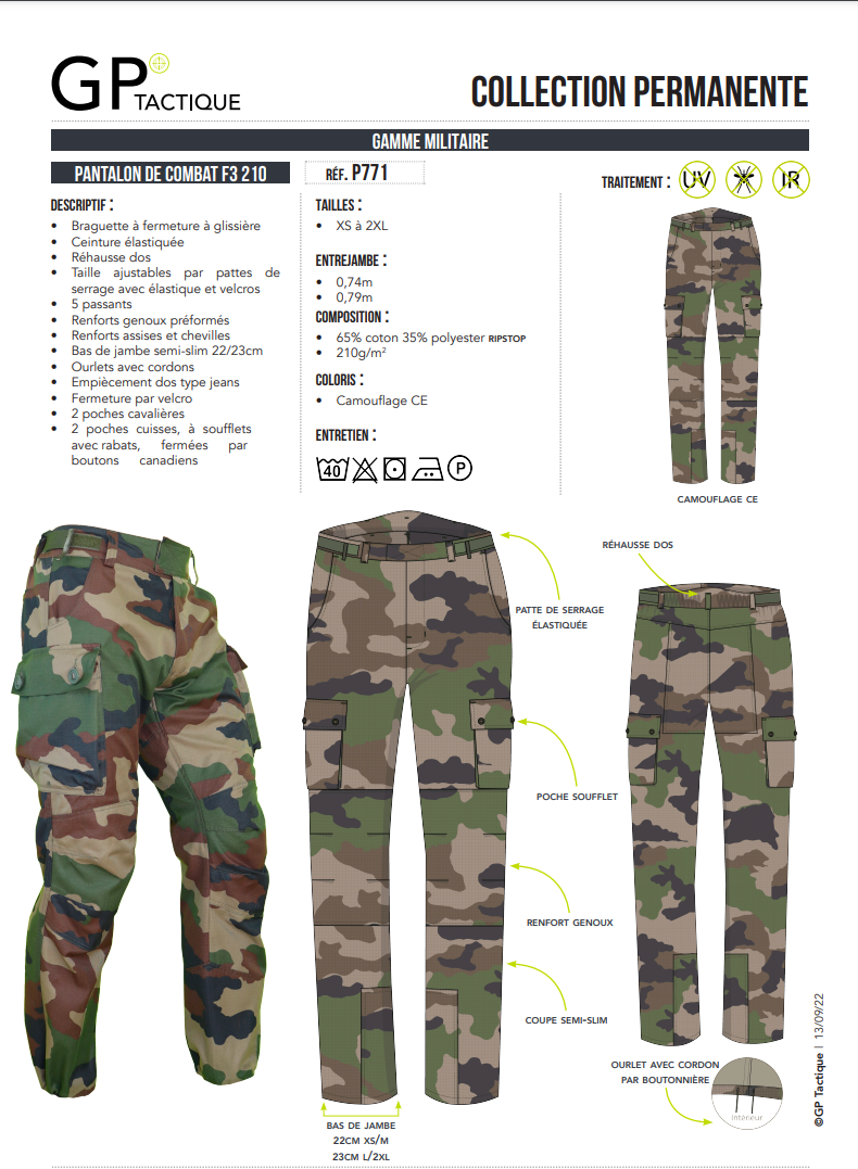 Le Pantalon F3 P771 210G Chaud Cam CE, un pantalon tactique résistant et confortable de GP Tactique, adapté aux tailles civiles et idéal pour l'armée avec ses