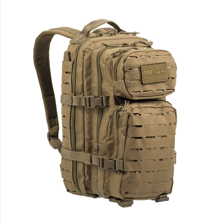 Sac à dos militaire US Assault petit Laser Cut 20L tan de Mil-Tec, en polyester et chlorure de polyvinyle, avec système Laser-Cut et plusieurs compartiments zippés.
