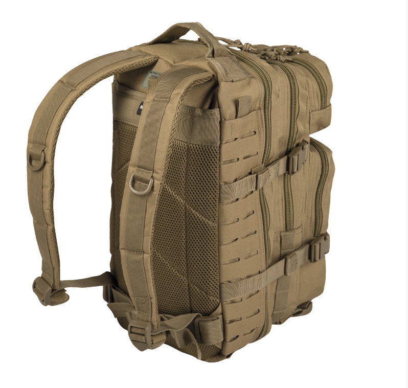 Sac à dos US Assault Petit Laser Cut 20L de couleur Tan par Mil-Tec, fabriqué en polyester et chlorure de polyvinyle, avec rembourrage en mousse EVA, de dimensions 42 x 20