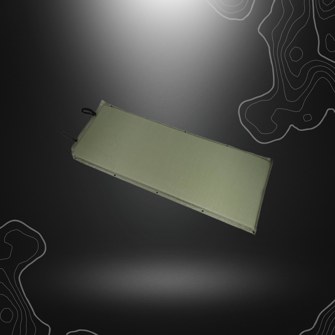 Matelas autogonflant vert olive Fox Outdoor avec valve à bouchon à vis, sangles fixes, possibilité de connexion à plusieurs tapis, sac de transport inclus. Dimensions emballé: 76 x 14 cm