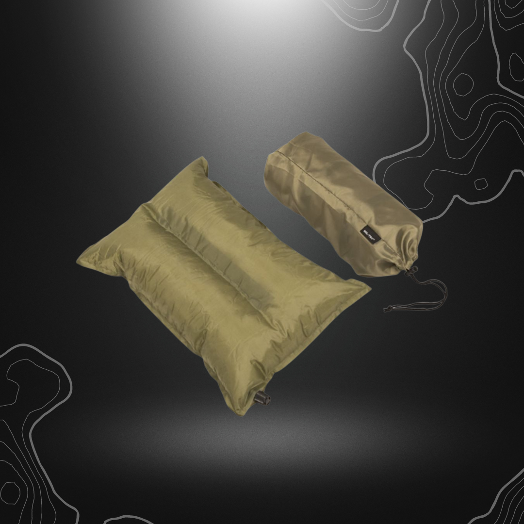Oreiller auto-gonflable vert olive Mil-Tec en polyester, recouvert de chlorure de polyvinyle, rembourré de mousse en polyuréthane, léger et facile à transporter avec sac et band