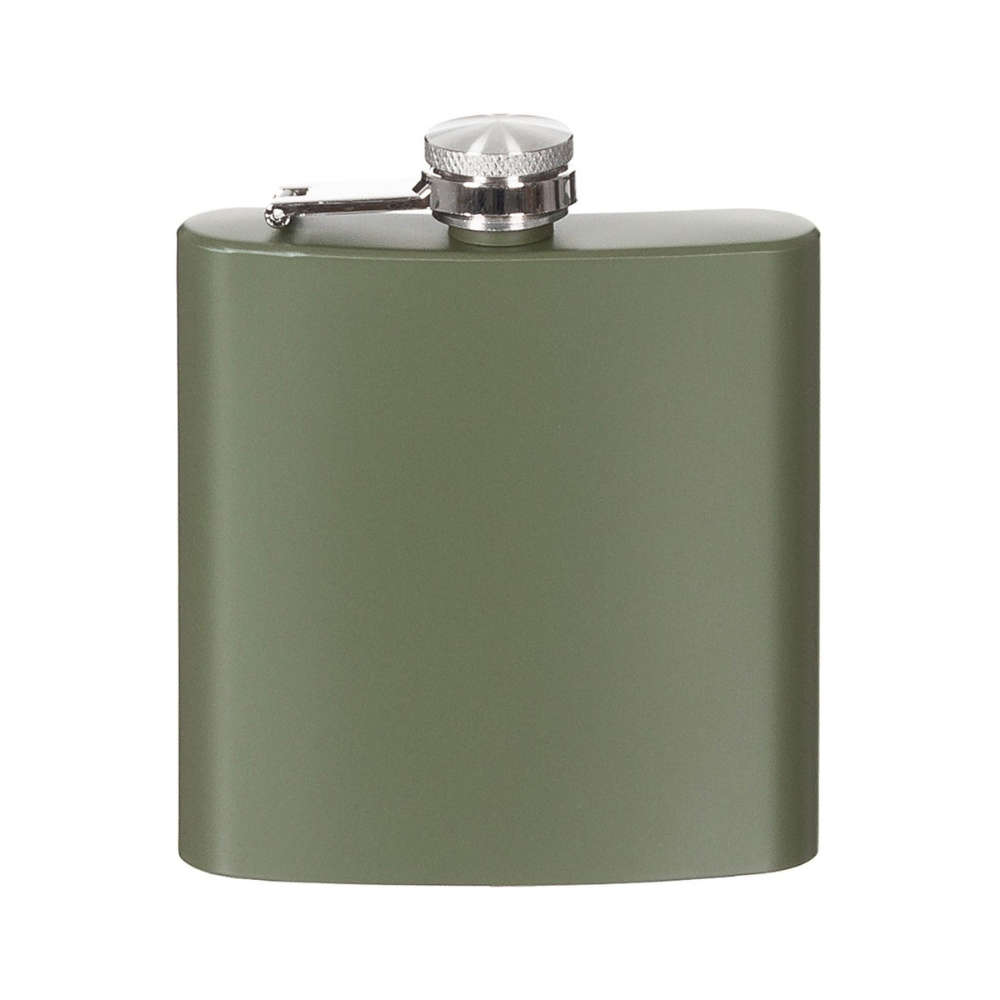 Flasque en acier inoxydable de 170ml de couleur vert olive de la marque Fox Outdoor, de forme classique et incurvée, avec bouchon à vis et fermeture à charnière