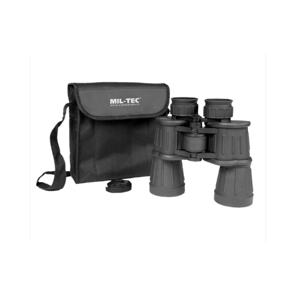 Jumelles gainées caoutchouc 7x50 noir Mil-Tec avec étui en nylon, hauteur de 18 cm, largeur de 19 cm, diamètre d'objectif de 50 mm,