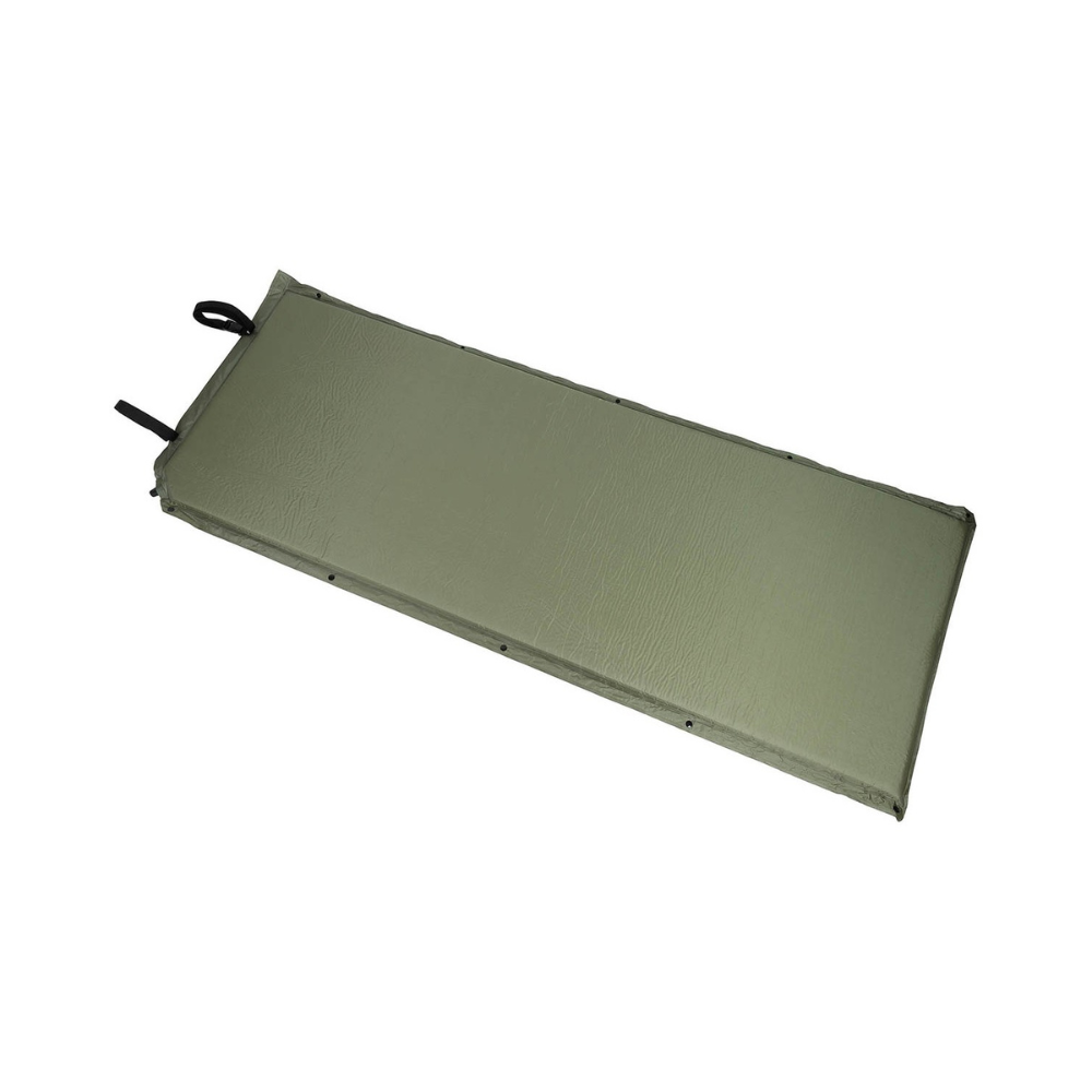 Matelas autogonflant vert olive Fox Outdoor avec valve à bouchon à vis, sangles fixes et boutons-pression pour connexion, livré avec sac de transport. Dimensions emballé : 76 x 14 cm