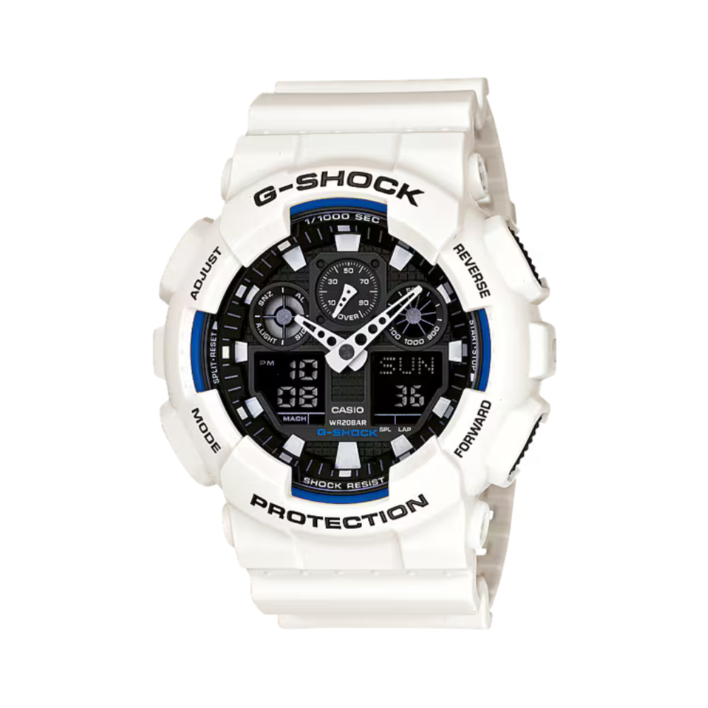 Montre G-Shock GA-100B-7AER blanche de Casio avec cadran large combinant analogique et numérique, boîtier et bracelet à finition mate, quatre fenêtres LCD, indicateur de