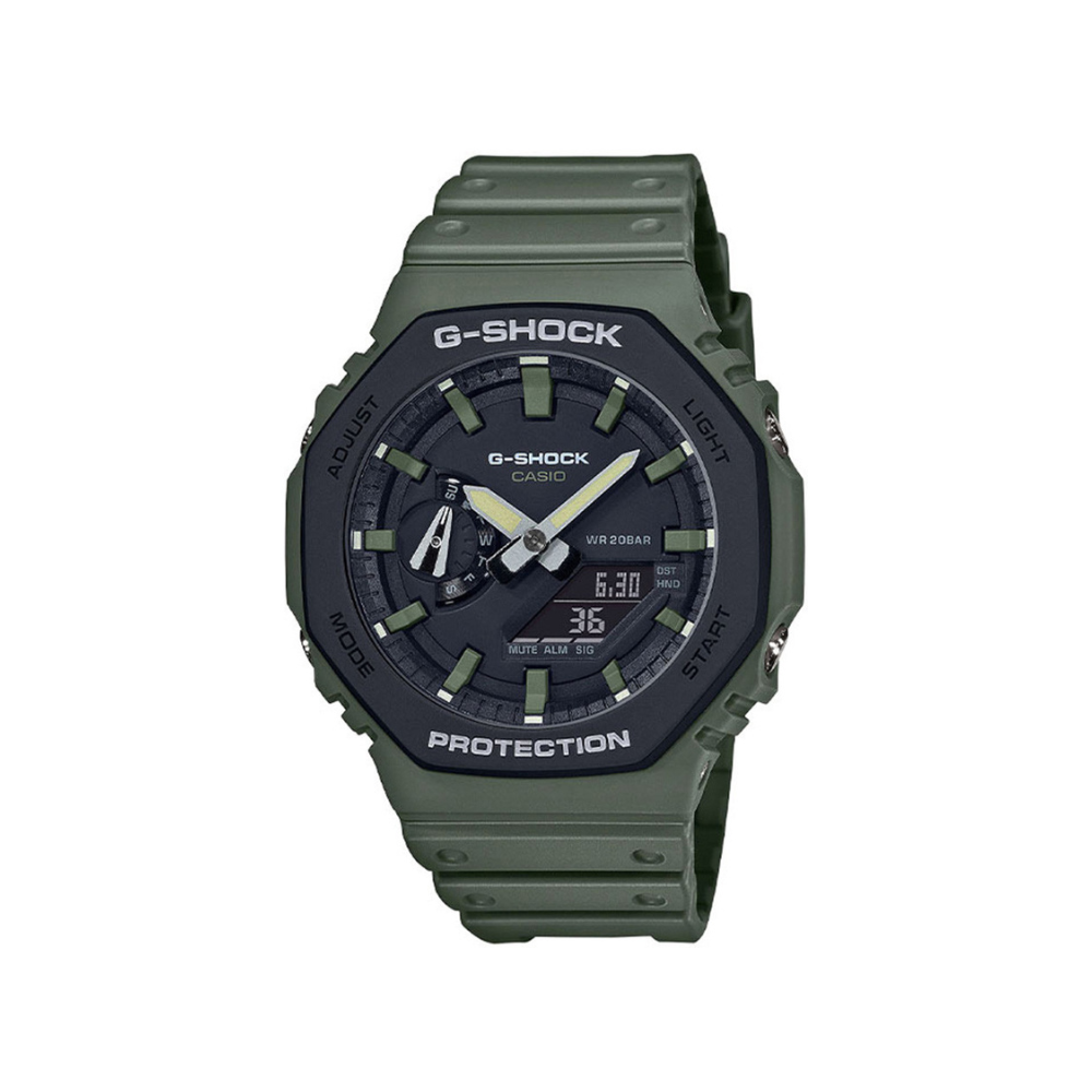 Montre G-Shock GA-2110SU vert olive de Casio avec cadran en verre minéral et bracelet en résine, fonctionnalités multiples comme calendrier automatique, chronomètre, compte à rebours,