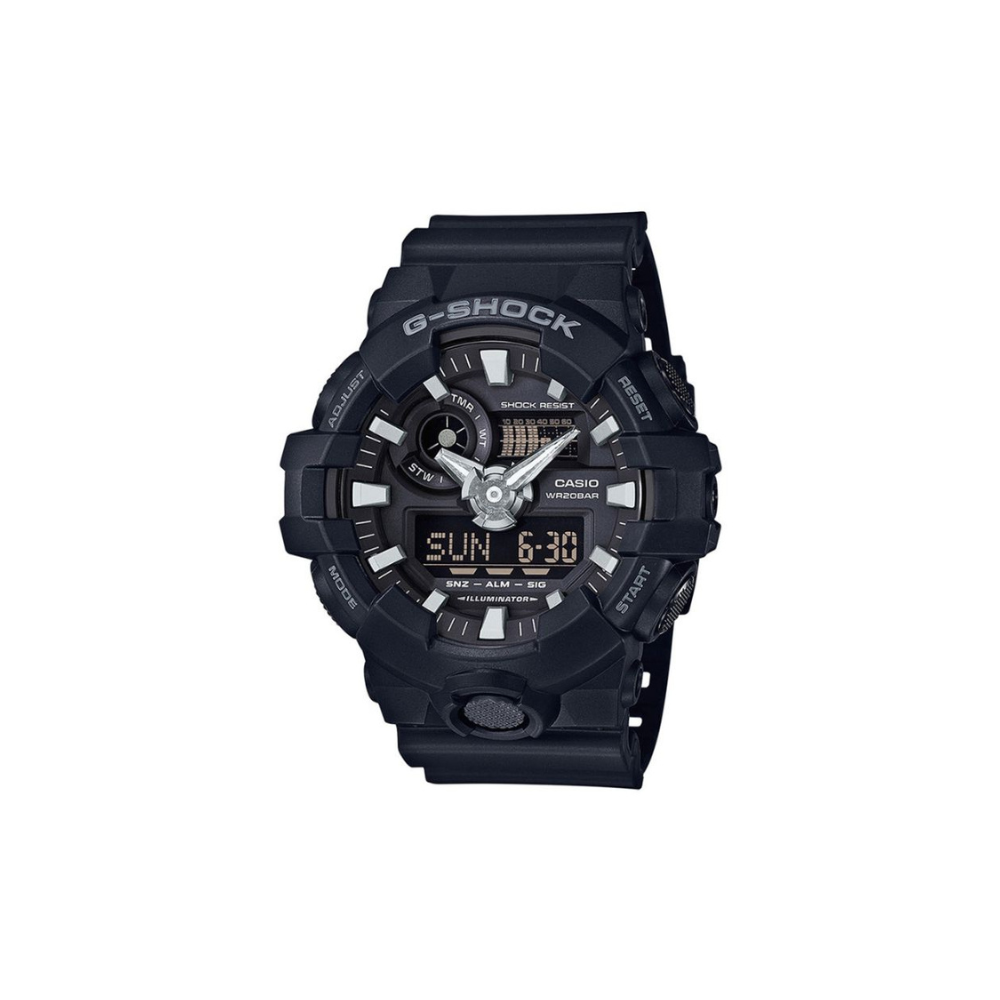 Montre G-Shock GA-700 noire de Casio avec cadran en verre minéral et bracelet en résine, dotée de plusieurs fonctionnalités dont l'heure universelle, un chronomètre, cinq