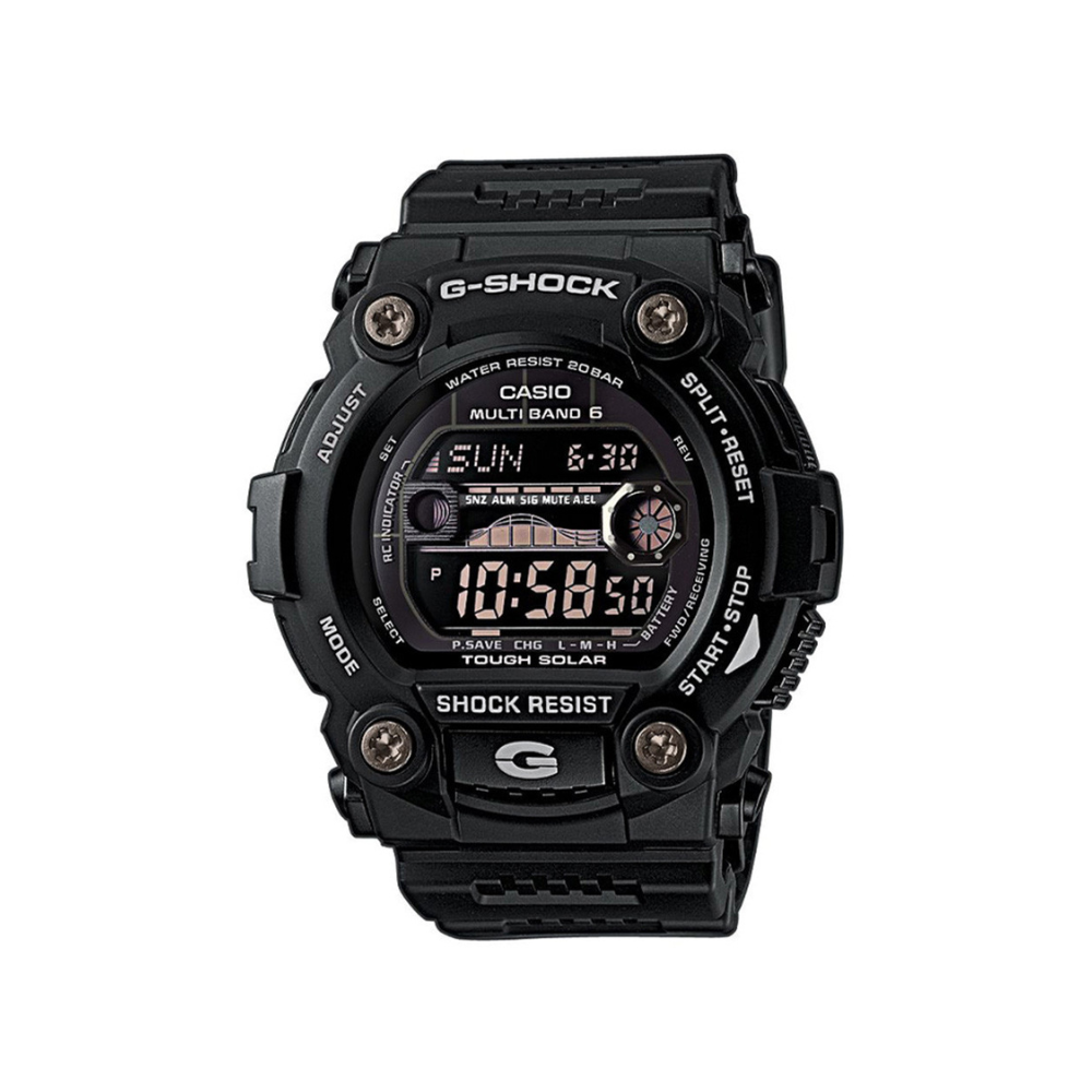 Montre G-Shock GW-7900B noire de Casio, robuste et innovante, avec cadran en verre minéral, bracelet en résine, fonctionnalités multiples et solaire radio-pilotée.