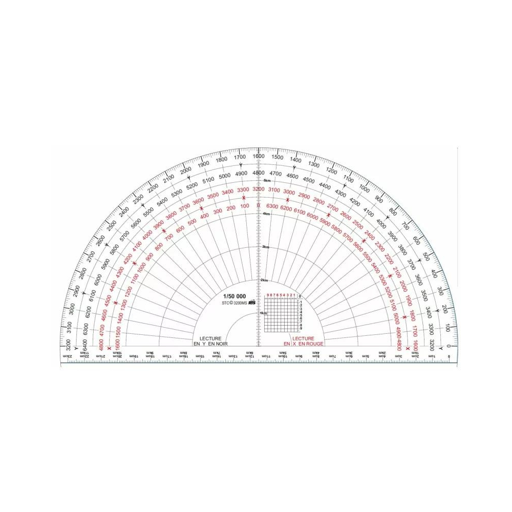 Rapporteur topographique demi-circulaire EMS millièmes en polycarbonate transparent, fabriqué en France par RTS, résistant aux chocs et de haute précision