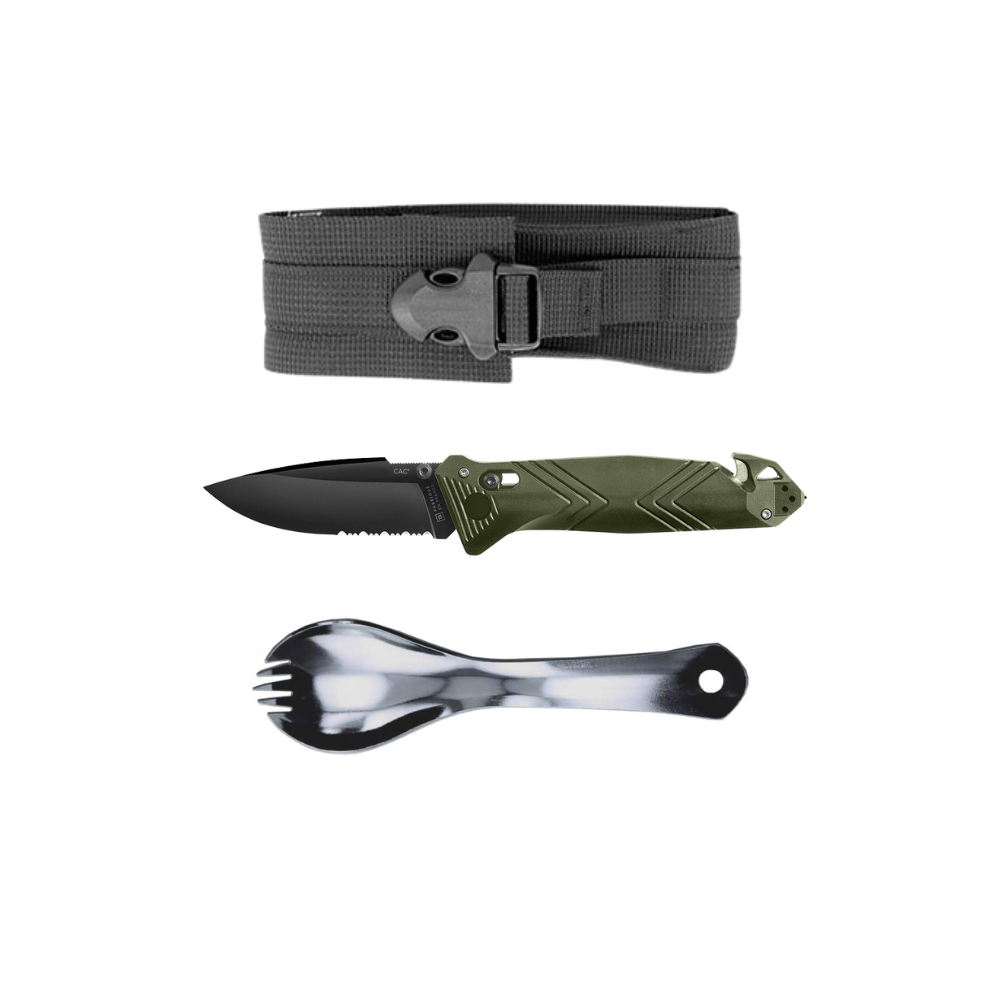 Pack complet pour le plein air comprenant un couteau pliant Cac vert olive, une cuillère fourchette en inox poli et un étui textile noir de TB Outdoor