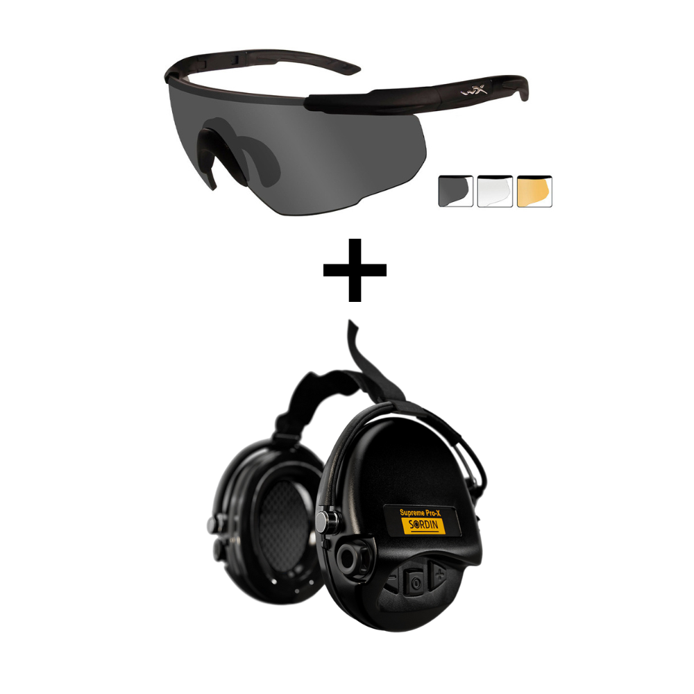 Pack de protection individuelle de tir 3.0 incluant des lunettes balistiques WileyX et un casque anti-bruit Sordin
