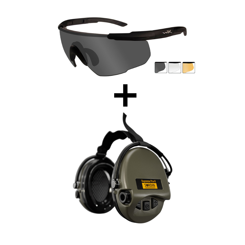 Pack de protection individuelle de tir 3.0 incluant lunettes balistiques WileyX et casque anti-bruit Sordin