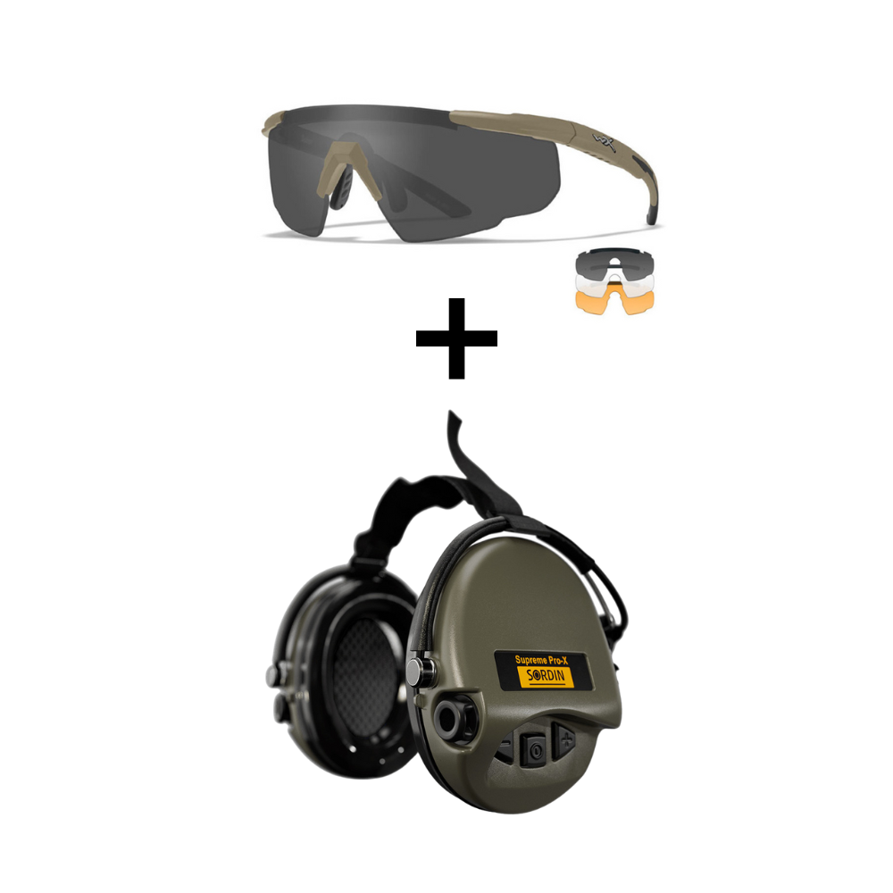 Pack de protection de tir individuel incluant des lunettes balistiques interchangeables WileyX et un casque anti-bruit Sordin