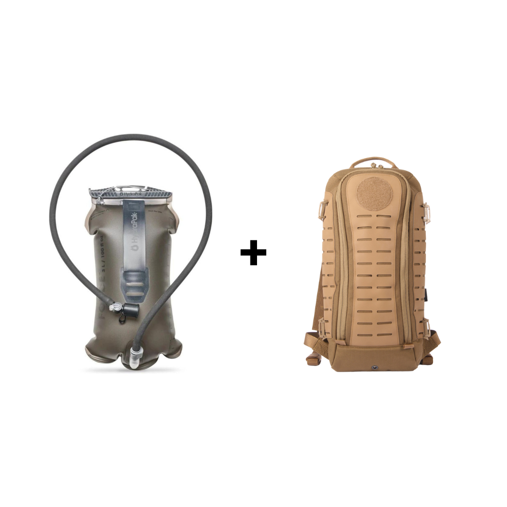 Sac d'hydratation Coyote avec poche Hydra 3L de la marque Retex Solution, doté d'une valve à haut débit et système d’auto-étanchéité, coloris Mammoth grey