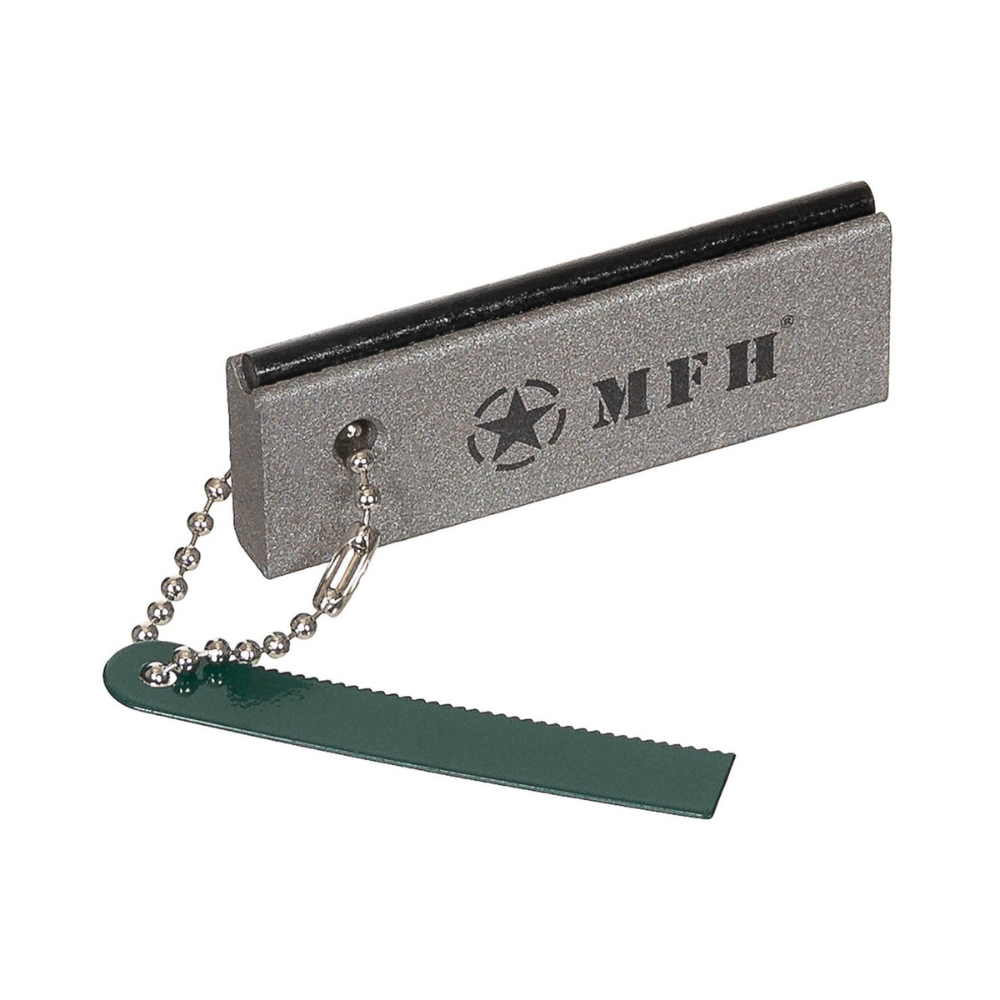 Kit de survie MFH avec pierre à feu en magnésium, grattoir intégré, et chaîne, dimensions 7,5 x 3 x 1 cm, composé de lanthane, cérium