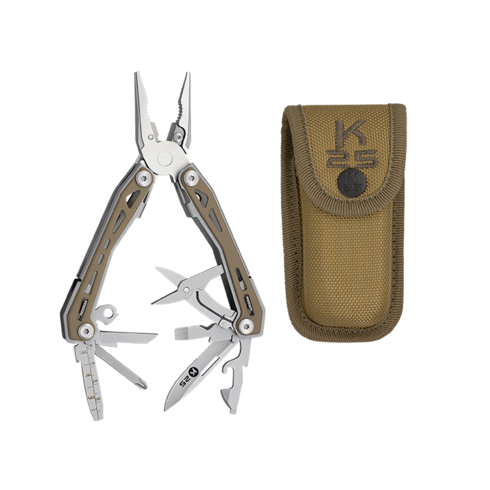 Compacte Pince Multifonctions 11150 Coyote K25 en acier avec lame standard et poignée en aluminium, couleur coyote