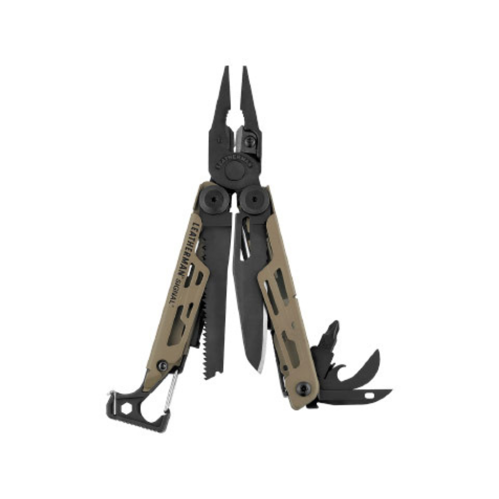 Leatherman Signal 19 outils multifonctions incluant pince, scie, décapsuleur, ciseaux, et allume-feu