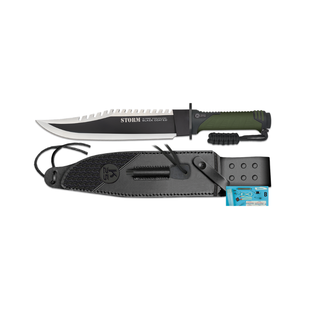 Poignard tactique vert K25 avec lame mixte de 25,5 cm, scie sur le dos, manche grip kaki et noir, garde avec tournevis, kit de survie, silex et