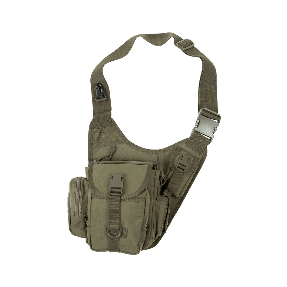 Sac bandoulière Coyote de MFH avec poches multiples, bandoulière réglable et amovible, dimensions 30x35x10 cm, poids 600g, fabriqué en 100% polyester