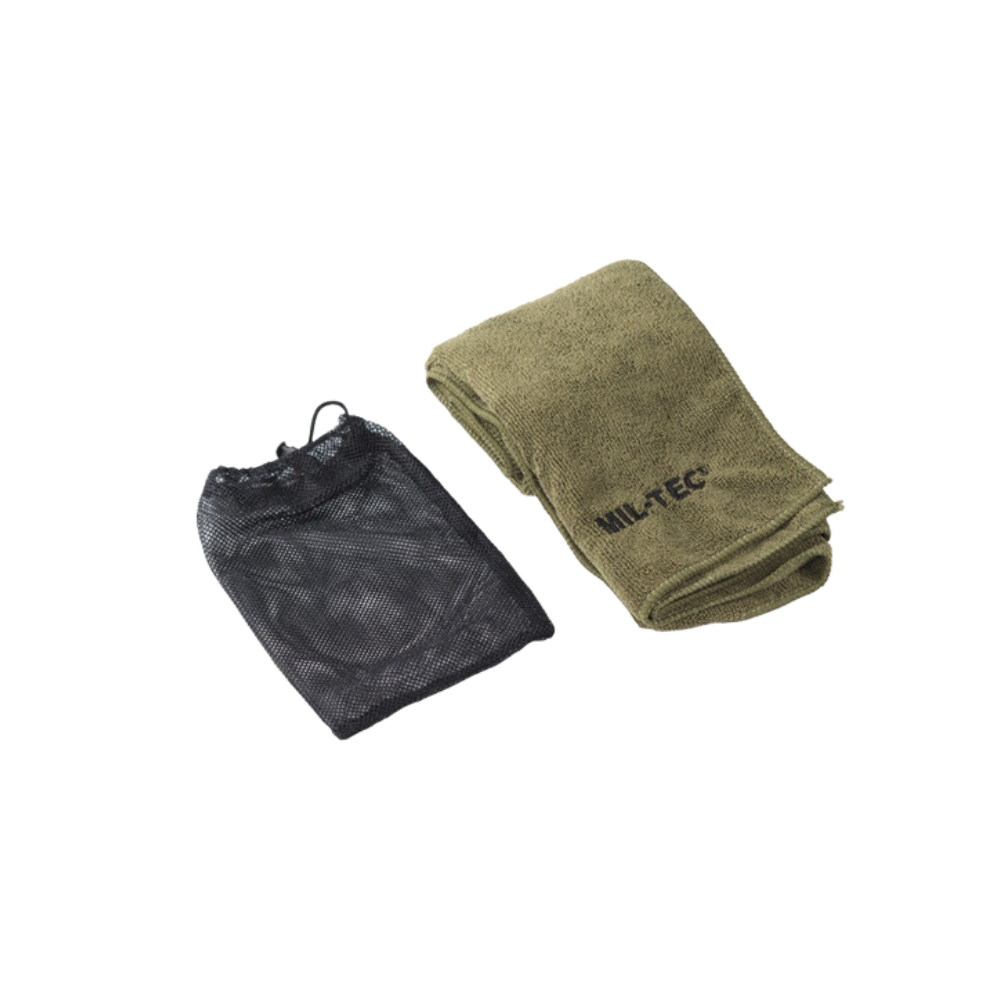 Serviette microfibre vert olive 80cm x 40cm Mil-Tec, en polyester et polyamide, avec porte-serviette et sac de conservation
