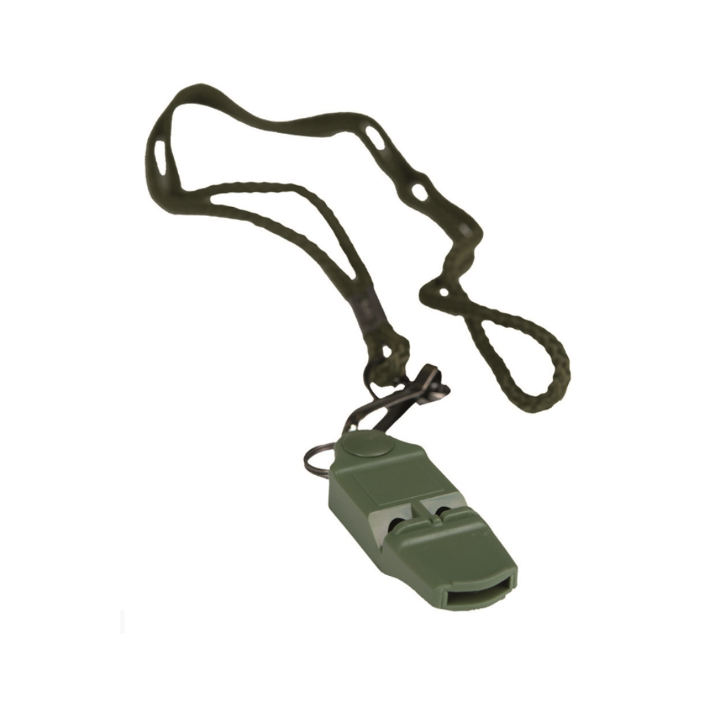 Sifflet No Ball vert olive Mil-Tec en plastique ABS avec cordon en nylon et crochets en acier, dimensions 5,5 x 2 cm, poids 20g
