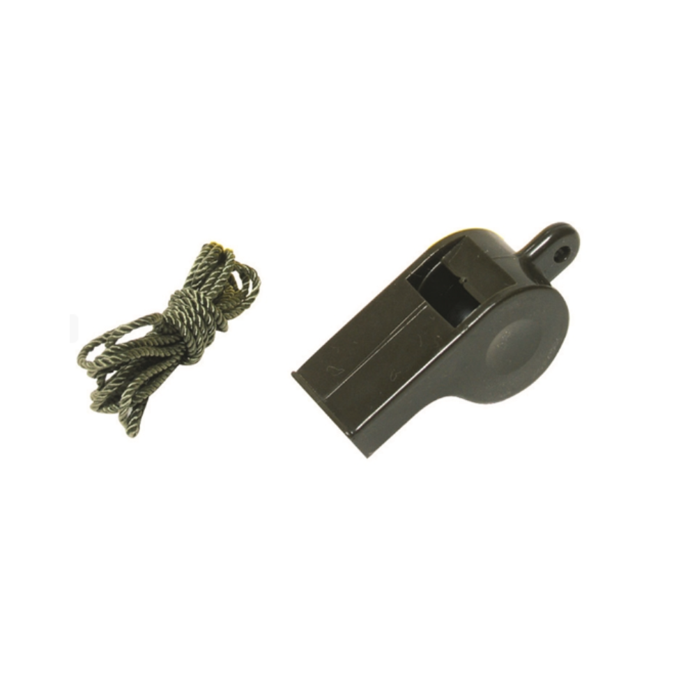 Sifflet PVC US vert olive Mil-Tec en ABS synthétique, avec cordon en nylon, dimensions 6 x 2 cm, poids 8g
