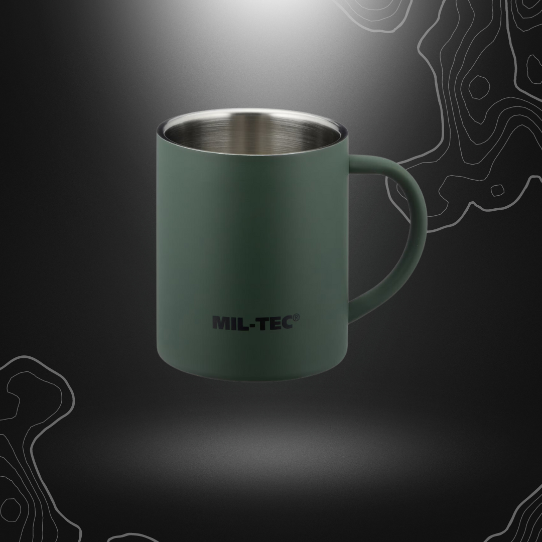 Robuste tasse vert olive Mil-Tec de 450ml en acier affiné incassable et dépoli, hauteur 10,3 cm et diamètre du fond 8,5 cm