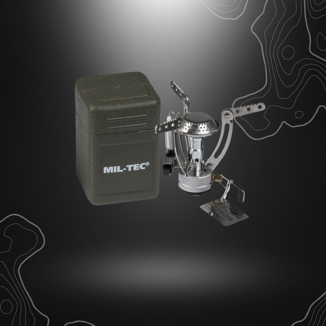 Réchaud Spider Mil-Tec en acier affiné avec valve en alliage d'aluminium et caisse de transport en polyéthylène, pesant 135g et mesurant 10 x 6,5