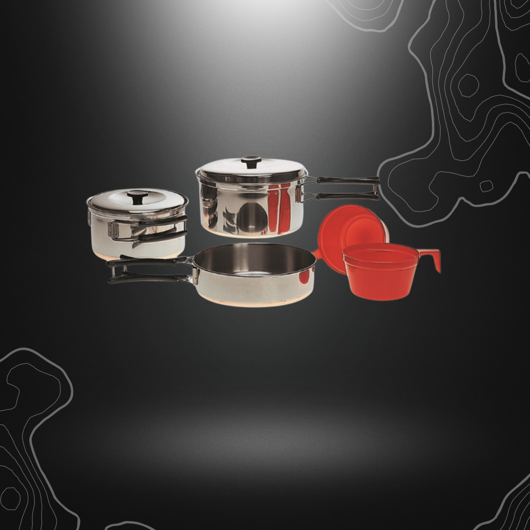 Ensemble de gamelles de cuisine Miltec pour deux personnes en aluminium, comprenant une poêle, deux casseroles avec couvercle et deux tasses en plastique, poids total environ 670g