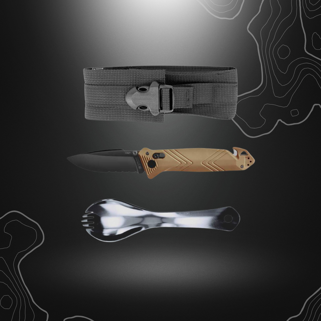 Pack complet Tatoo Cac Tan par TB Outdoor comprenant un couteau pliant, une cuillère fourchette en inox poli et un étui textile noir