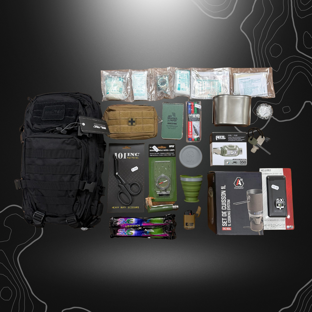 Pack de survie 72H comprenant un sac à dos, une trousse de premiers secours, un réchaud, une lampe frontale et d'autres accessoires essentiels pour la survie