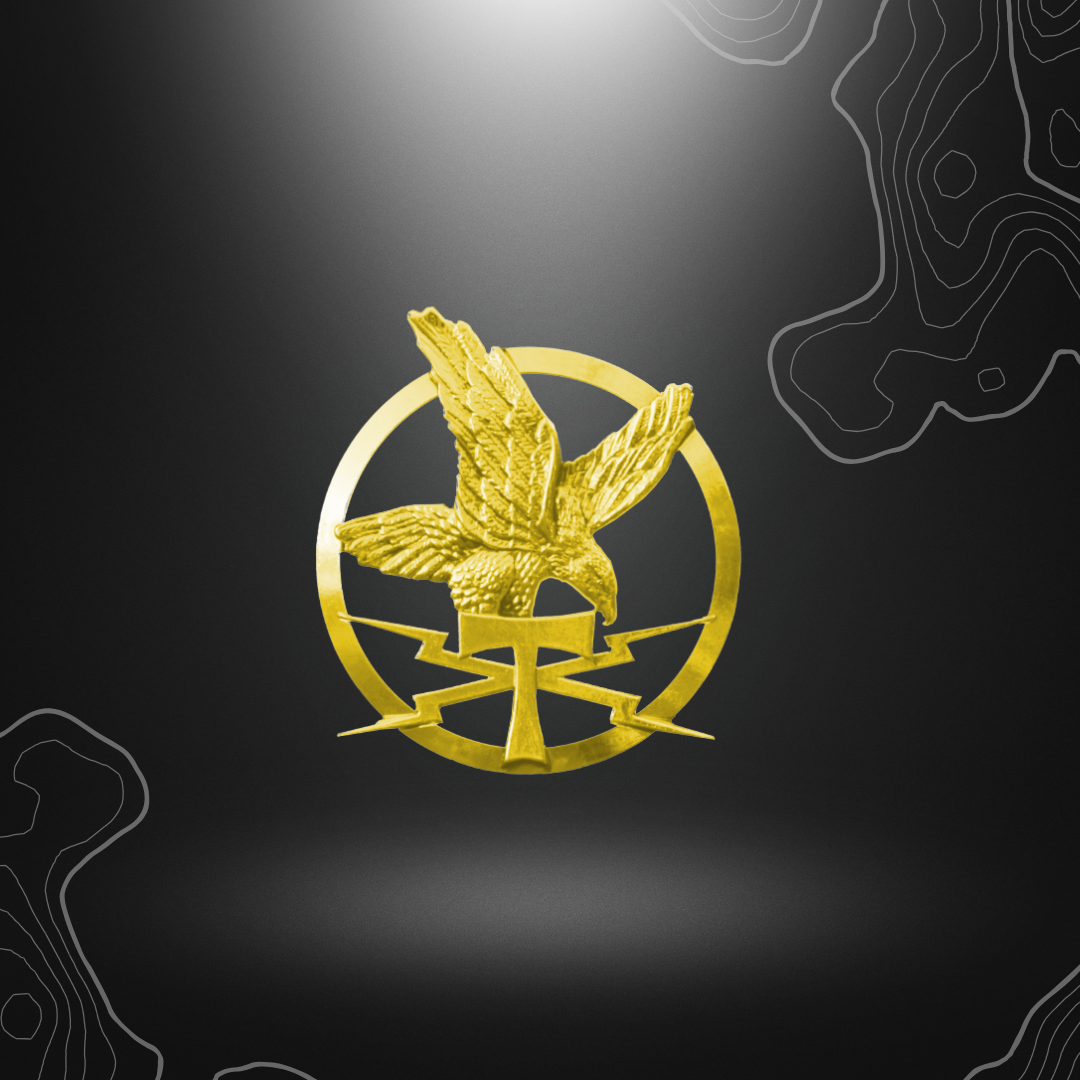 Alt tag: Insigne doré de béret symbolisant la guerre électrique