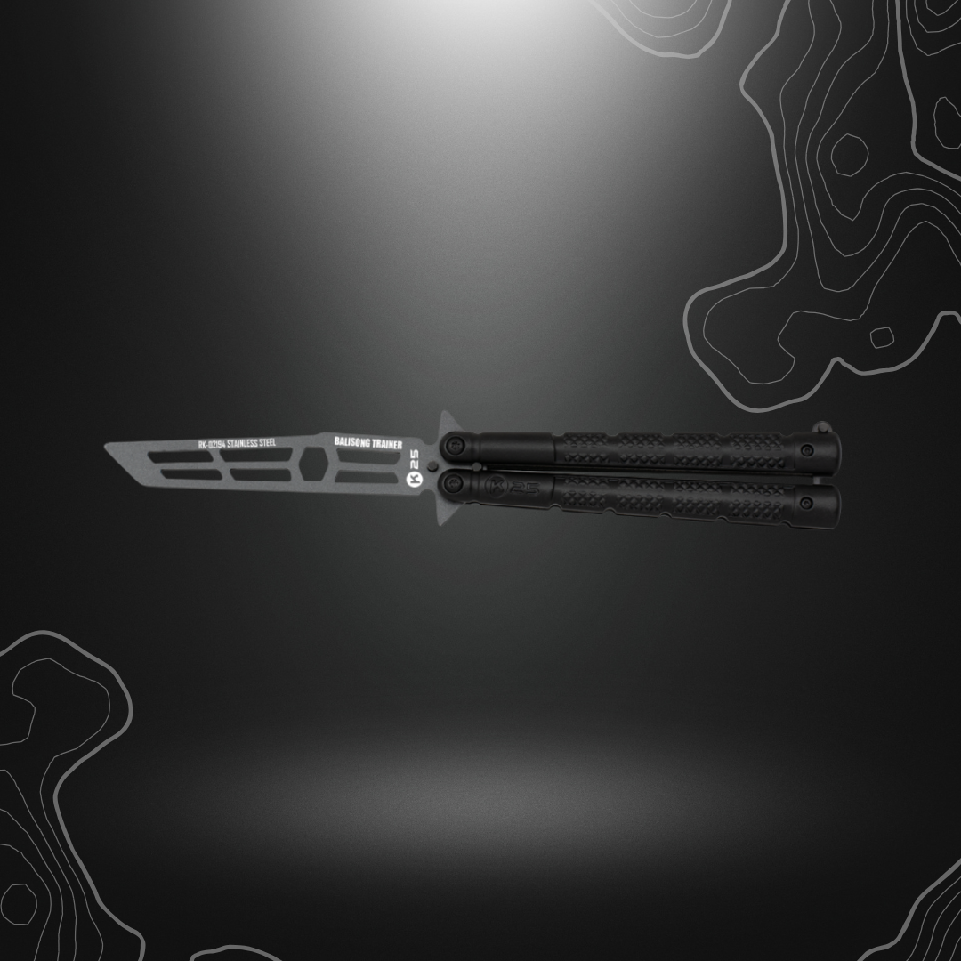 Pratiquez l'art du couteau papillon avec ce modèle d'entrainement noir 36252 de K25, doté d'une lame en inox non coupante et d'un manche en aluminium orné