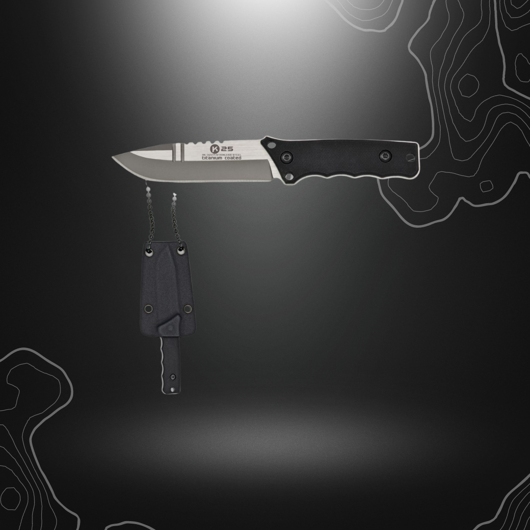 Couteau tactique K25 avec lame en acier inox revêtue de titane, manche en G10 et étui kydex
