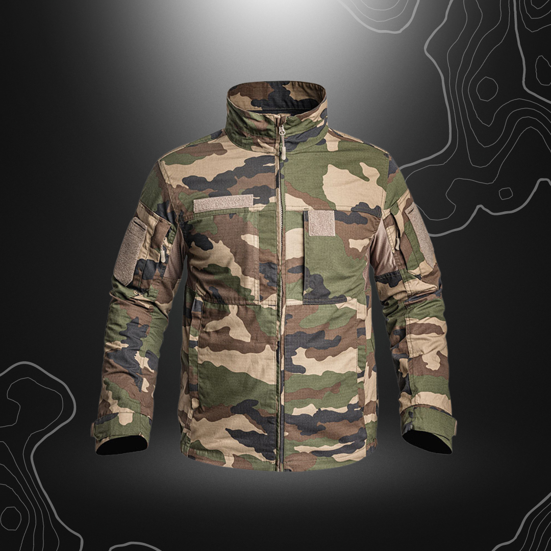 Veste de combat courte Camo CE FIGHTER de A10 EQUIPMENT, hautement résistante et fonctionnelle avec traitement TEFLON et IR-PROTECT