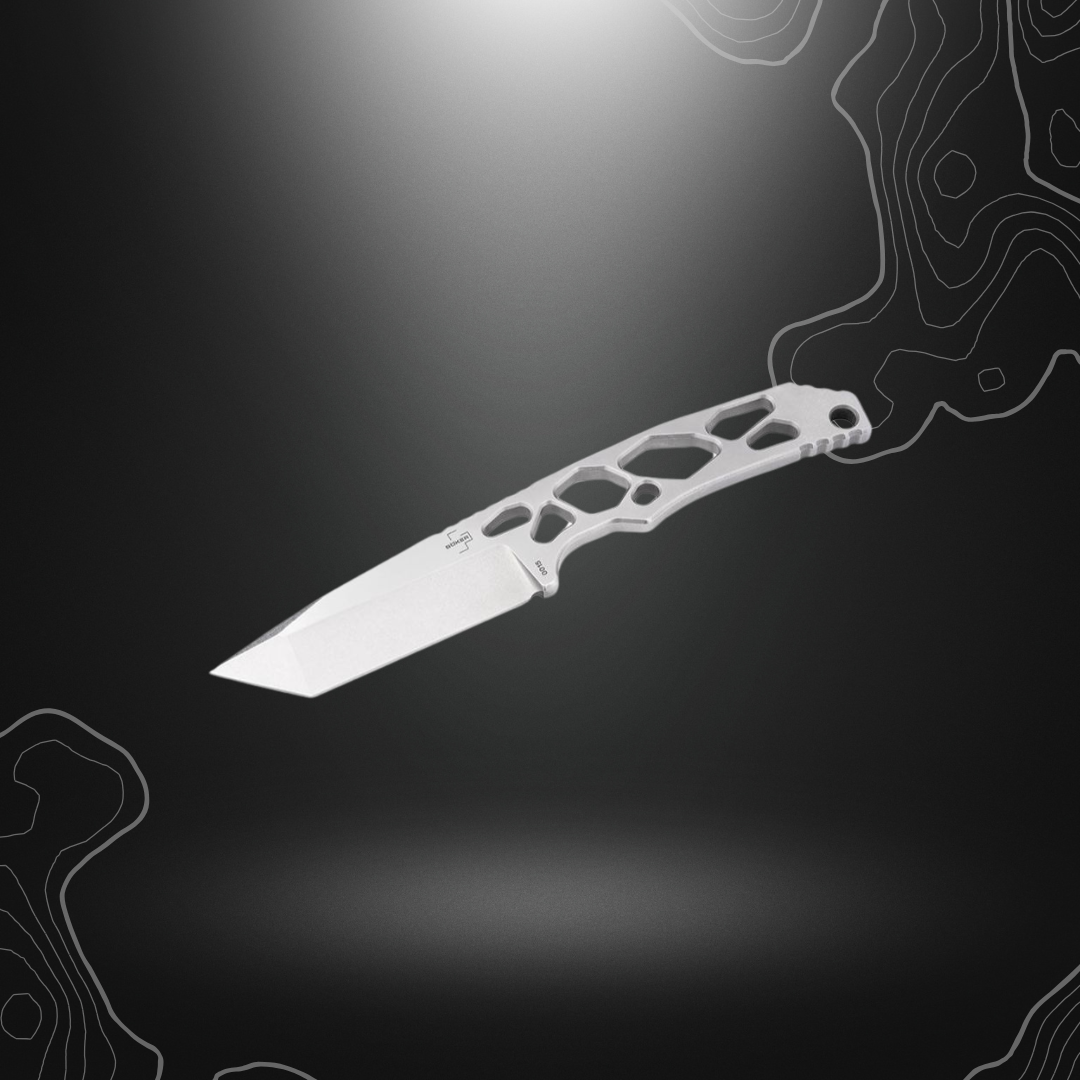 Superlight Tanto Böker Plus, couteau fixe ultra-léger en acier D2 avec lame tanto de 73 mm et manche squelette, livré avec étui Kydex noir
