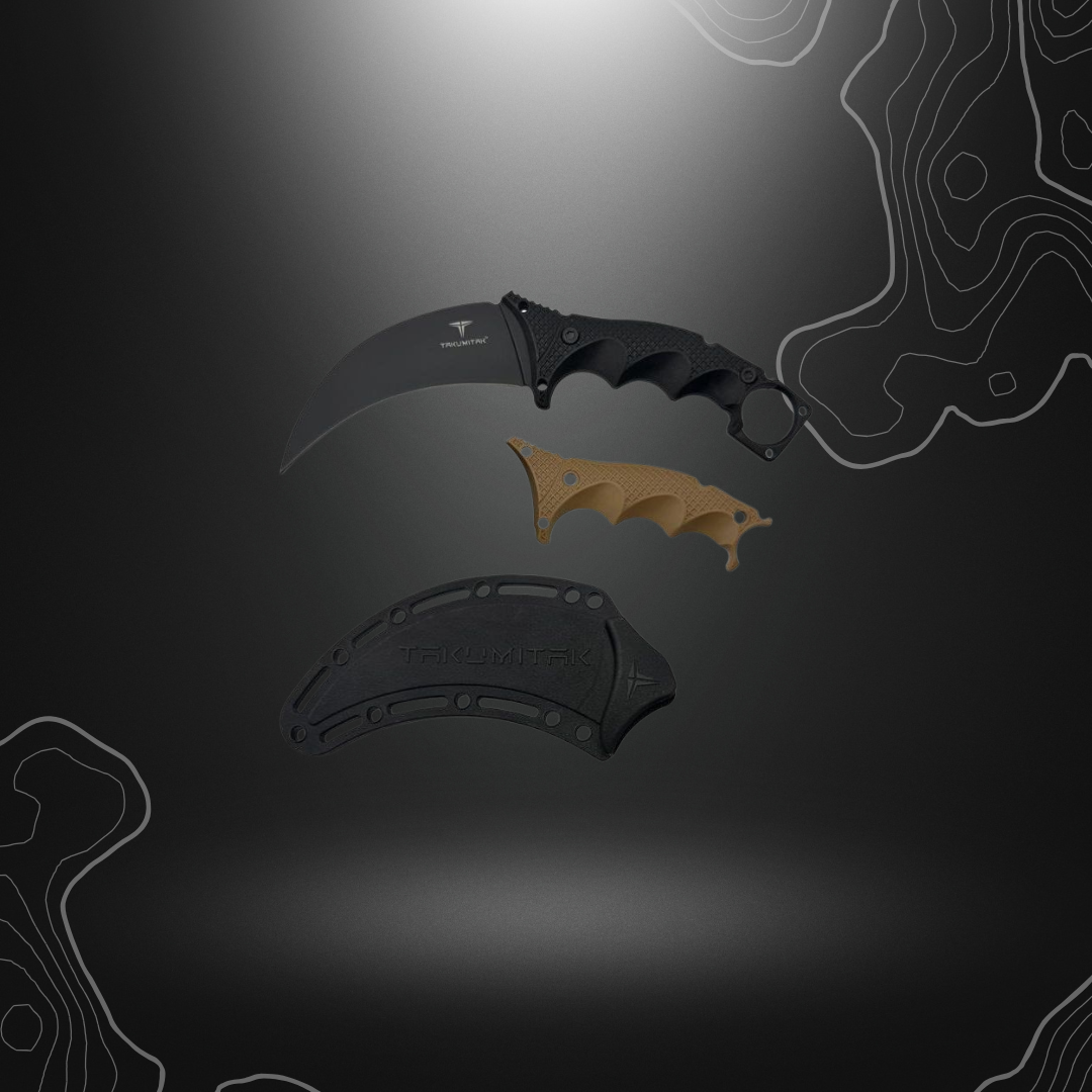 Poignard Midnight Takumitak avec lame hawkbill en acier 3Cr13 et manche en FRN noir, personnalisable et polyvalent, idéal pour les aventuriers.