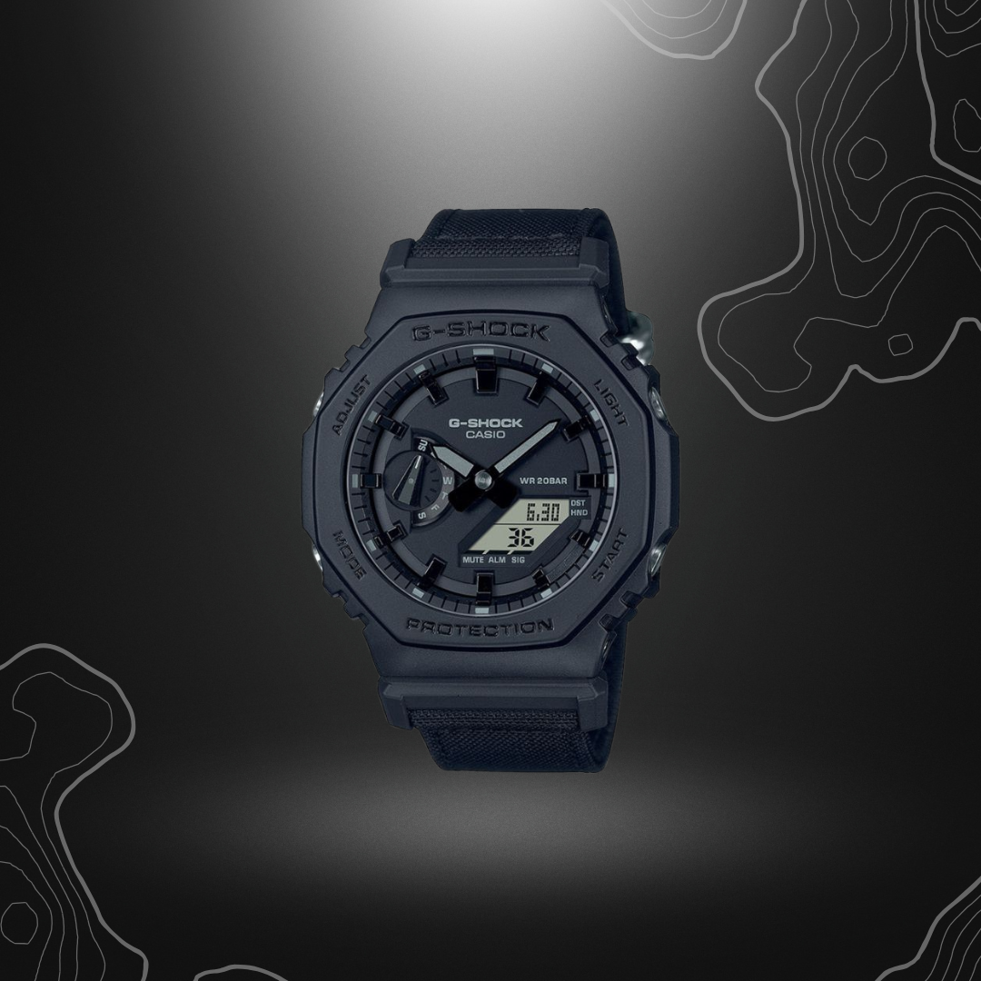 Montre-bracelet G-Shock GA-2100BCE noire de Casio avec cadran en verre minéral, boîtier en résine, bracelet en tissu Cordura et multiples fonctionnalités