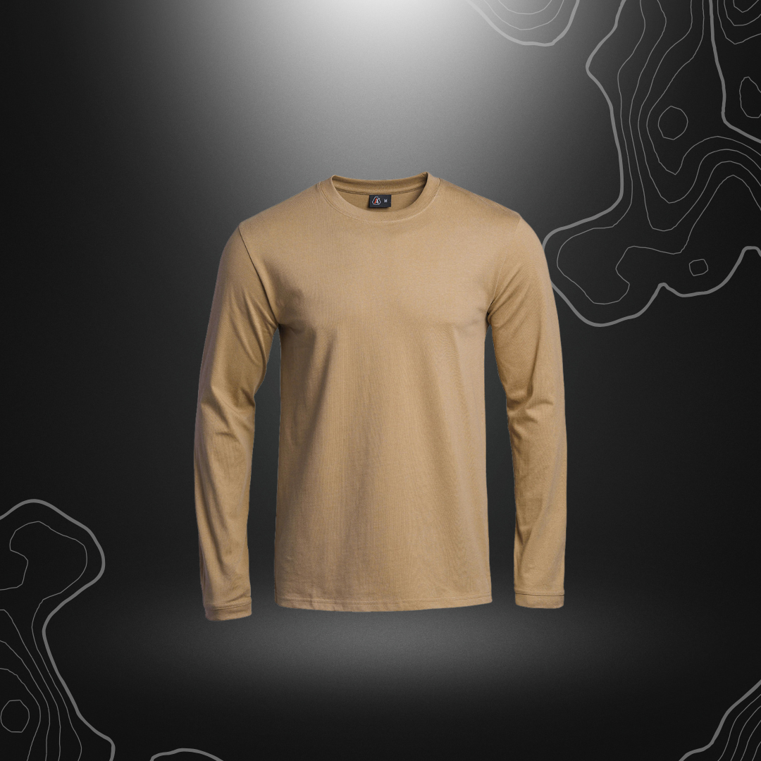 T-shirt en coton robuste à manches longues de A10 Equipment en couleur tan, disponible de la taille XS à 3XL, certifié Oeko-Tex Standard 100