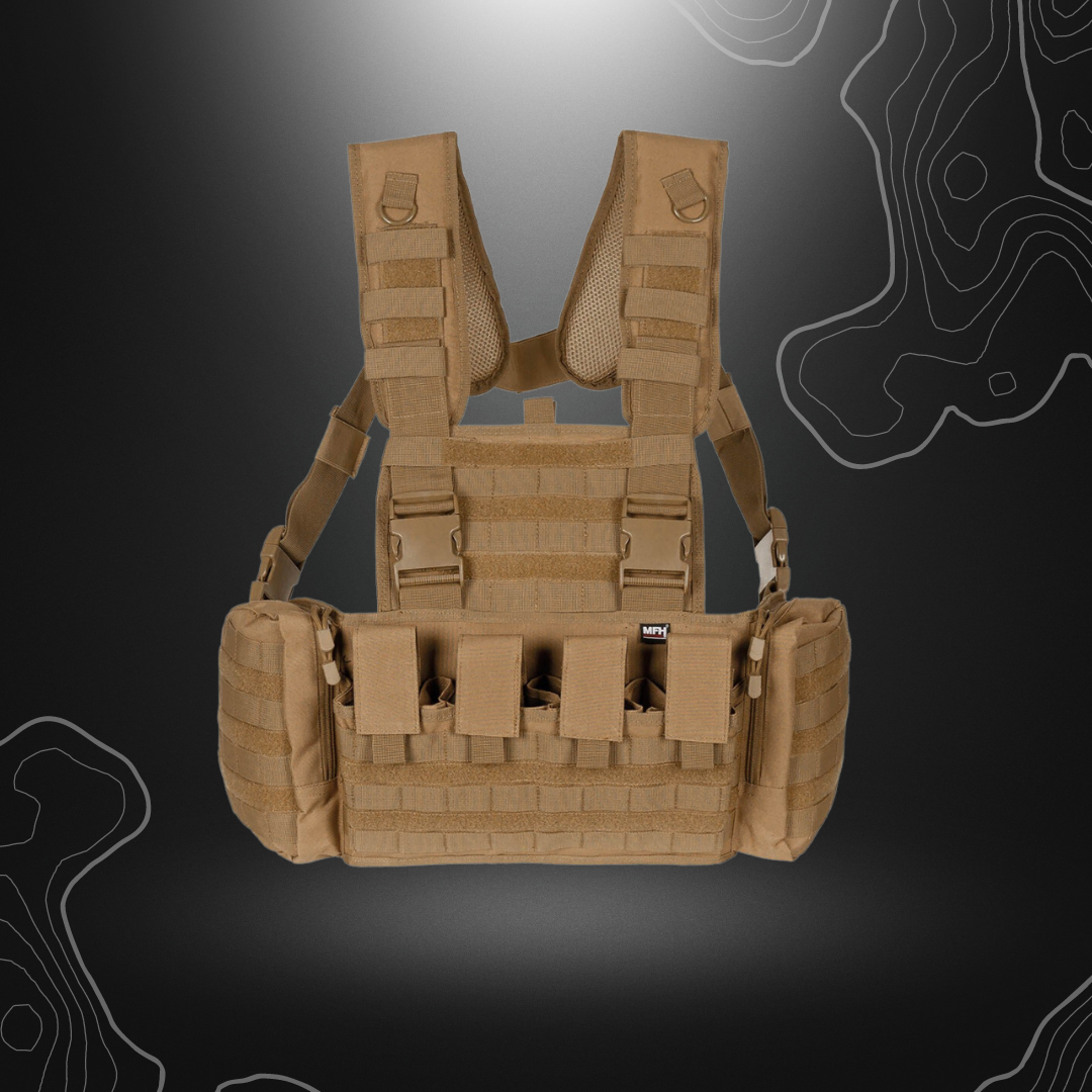 Gilet de combat tactique Chest Mission Coyote de MFH avec système modulaire, rembourrage en tissu mesh, bandoulières réglables, poches latérales, porte-chargeurs ajustables et compartiments