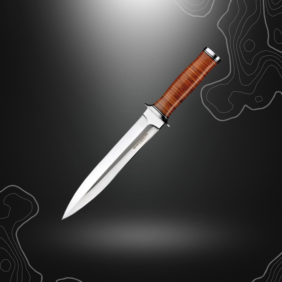 Poignard classique Boker Magnum avec lame en acier inoxydable de 21 cm et manche en cuir
